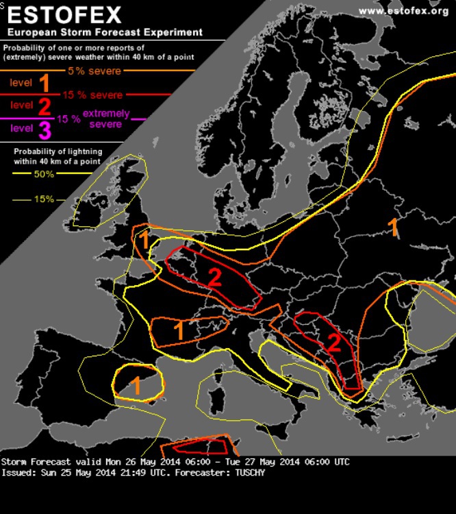 2. Ábra: az ESTOFEX vihar előrejelzése a következő 24 órára. A piros vonal által határolt területeken várhatóak a leghevesebb események!