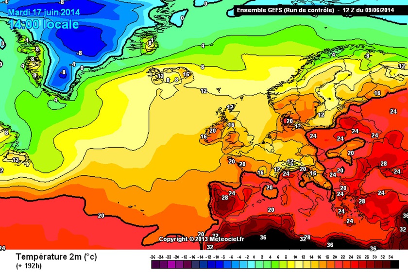 2. Ábra: hőmérsékleti ábra június 17. -re. A modell a Dunántúl nagy részére, 18-20 fokot vár legmagasabb nappali hőmérsékletnek.