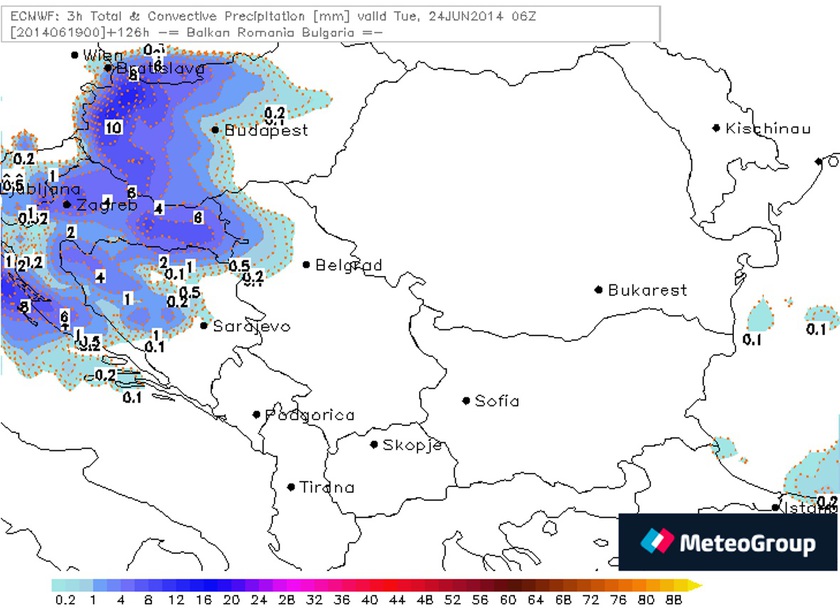 5. Ábra: az ECMWF modell csapadék előrejelzése június 24. keddre. A modell jelentős csapadékkal számol nagy területen. A kedd reggeli óráktól eső, zápor, zivatar valószínű.