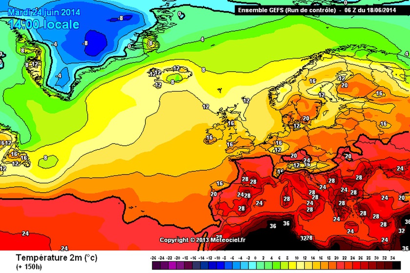 4. Ábra: a GFS modell hőmérsékleti ( 2 m ) előrejelzése június 24-re.A dunántúli tájakon kedden, mindössze 20 fok körül alakulhat a legmagasabb hőmérséklet.