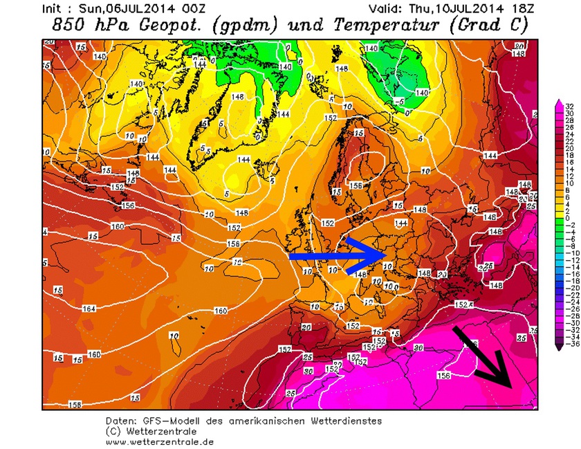 1. Ábra: hőmérsékleti ábra július 10. csütörtökre. A nagy meleg visszaszorul Európa déli, délkeleti területei fölé. ( fekete nyíl ) Nyugat felől egyre nagyobb területet áraszt el a hűvösebb levegő. ( kék nyíl )