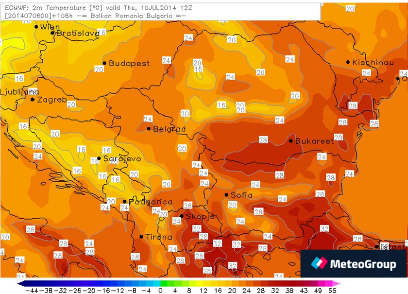 3. Ábra: hőmérsékleti előrejelzés július 10. csütörtökre. ( 2m ) A Dunántúl nagy részén, mindössze 20-22 fok körül alakulhat a legmagasabb hőmérséklet. ( 12 h ) Ugyanezek a hőmérsékletek valószínűek Horvátországban is.