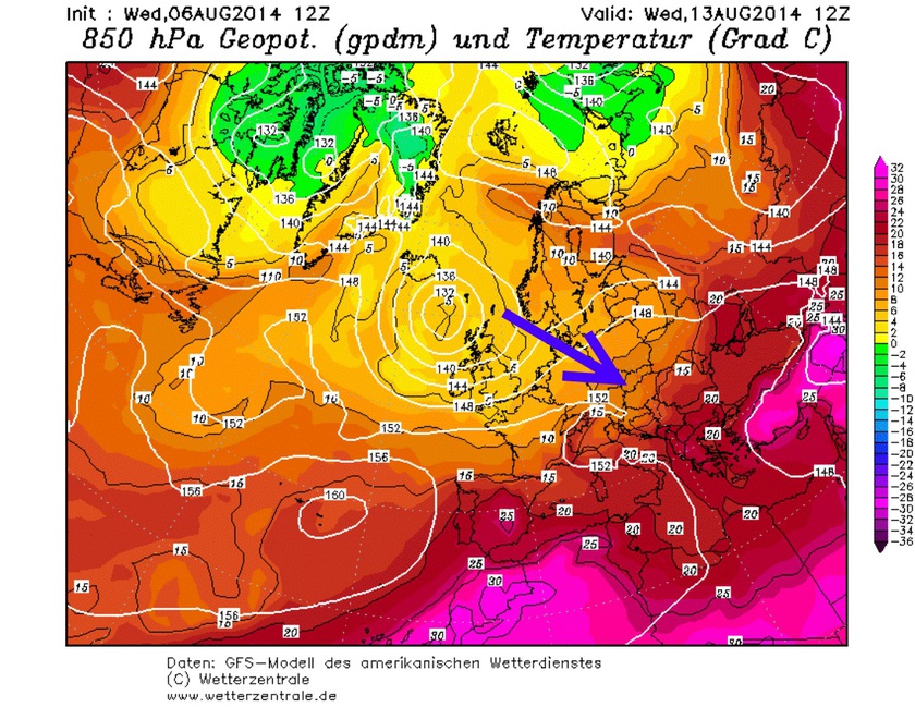 A GFS modell hőmérsékleti előrejelzése augusztus 13-ra. A Dunántúlra már hűvösebb levegő érkezik.