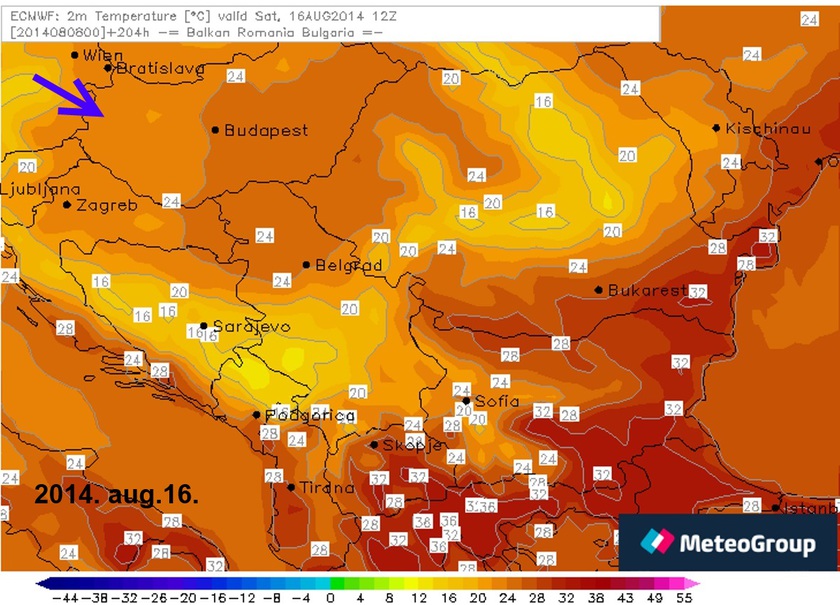 3. Ábra: hőmérsékleti előrejelzés augusztus 16. szombatra. A Dunántúl nagy részén, a délutáni legmelegebb órákban sem valószínű 20-24 foknál melegebb.
