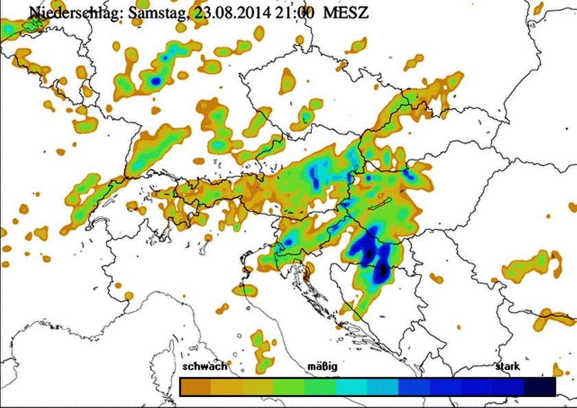 1. Ábra: az ALADIN modell csapadék előrejelzése szombat 21 órára. Látható, hogy Somogy felett már kiterjedt csapadékzóna helyezkedik el. A déli területeken intenzív csapadékgóc is kialakulhat, nagy mennyiségű esővel. 