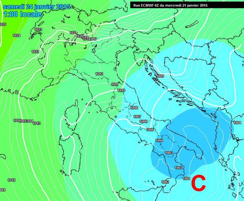 1. Ábra: január 24. szombat. A modell ábra a tőlünk délre kimélyülő mediterrán ciklont ábrázolja. A ciklon csapadékzónája szombaton már felettünk lesz.