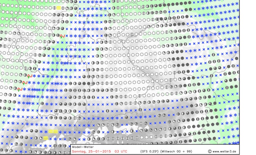 2. Ábra: január 25. vasárnap. A GFS modell csapadék halmazállapot előrejelzése vasárnapra. Látható, hogy a Dunántúl középső sávjában havazás is előfordulhat már.
