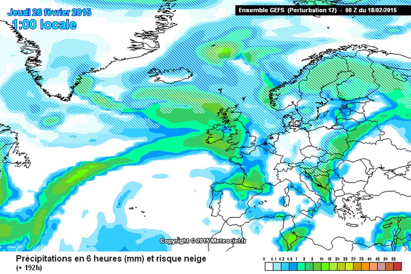 A GFS modell csapadék előrejelzése február 26. 0 órára. A modell a Dunántúl nagy részére havazást vár.