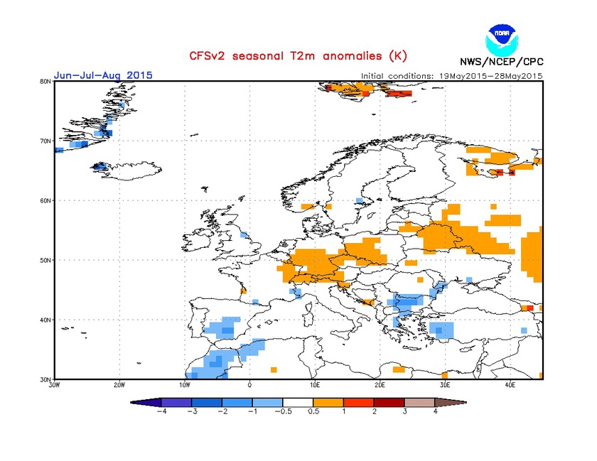 1. Ábra: a CFS modell hőmérsékleti anomália előrejelzése június-július-augusztus hónapokra. A modell összességében átlagos anomáliát vár.