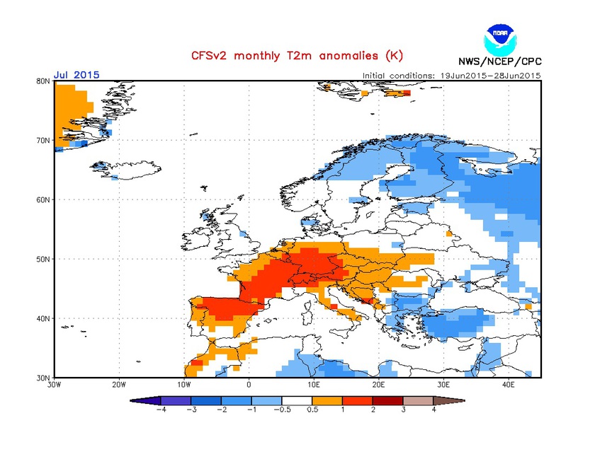 1. Ábra: a CFS modell hőmérsékleti anomália előrejelzése júliusra. A modell az átlagosnál magasabb hőmérsékletekkel számol.