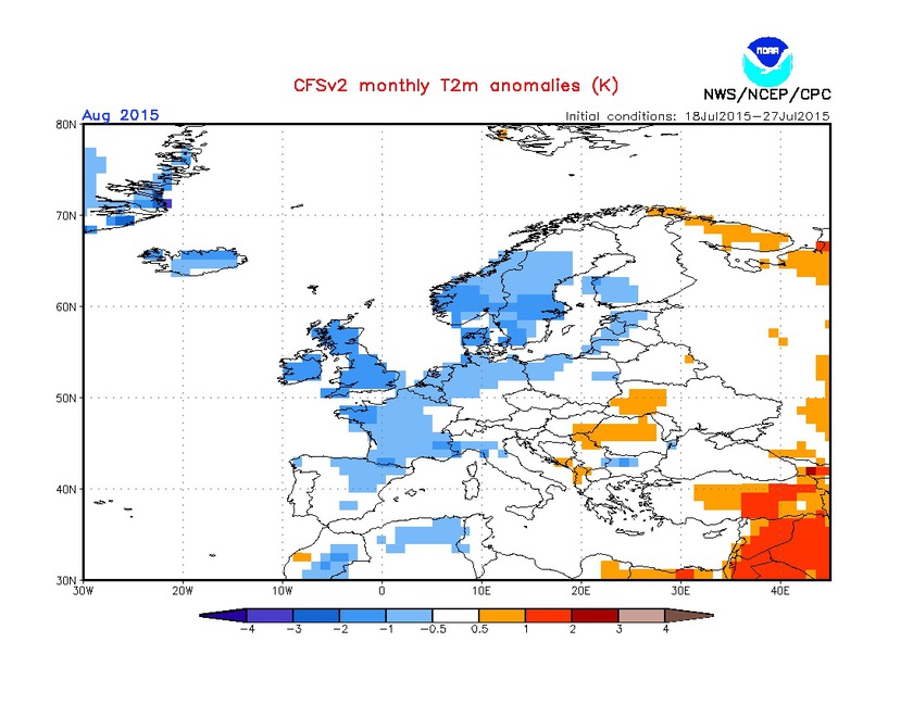 1. Ábra: a CFS modell hőmérsékleti anomália előrejelzése augusztusra.