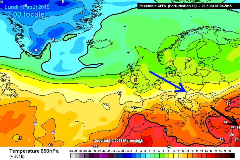 5. Ábra: a GFS modell hőmérsékleti előrejelzése aug.17-re. Északnyugat felől hűvösebb léghullámok érik el a Kárpát-medencét, a forró levegő visszaszorul Európa déli, délkeleti területei fölé.