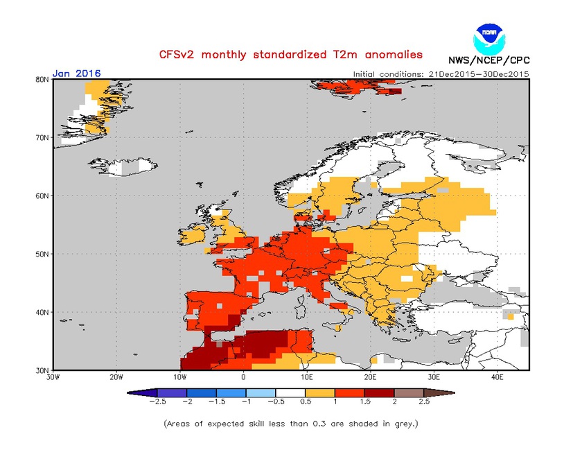 1. Ábra: a CFS modell hőmérsékleti anomália előrejelzése januárra.