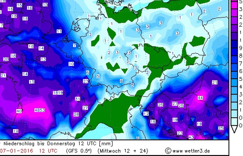 A GFS modell csapadék előrejelzése csütörtök reggelig. Elsősorban az ország déli tájain hullhat majd összességében jelentős mennyiségű hó. Somogy megye déli területein a reggeli órákig 10-20 cm vastag hóréteg is kialakulhat majd.
