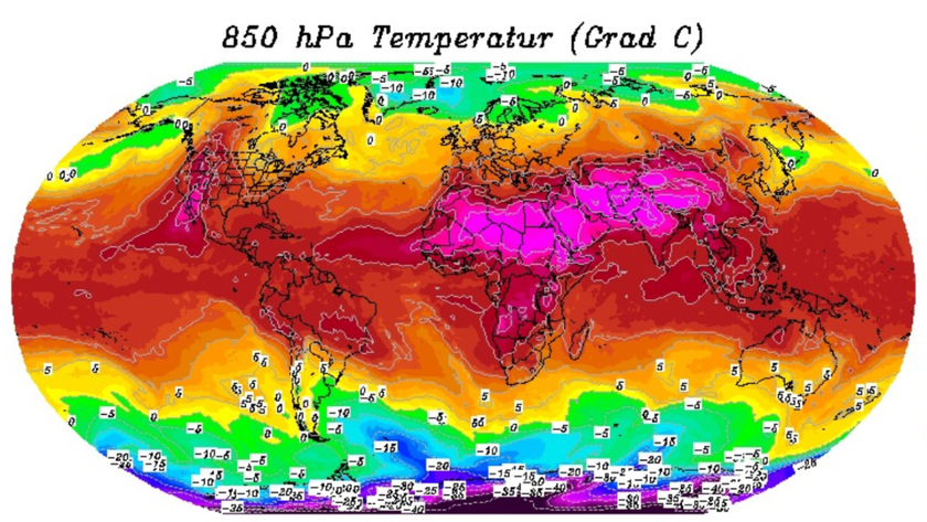 6. Ábra: Afrika északi területei felett, illetve az Arab-tábla térségében nagy tömegű, igen meleg levegő halmozódott fel. Ezeken a tájakon már nem lesznek a ritkák a 40-45 fokos csúcshőmérsékletek. Megfelelő nyomás elrendeződések hatására, a forró levegő északi szélességek felé is terjeszkedhet majd