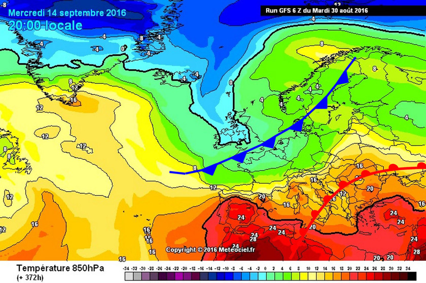 4. Ábra: szeptemberre már meglehetősen nagy hőmérsékleti kontraszt alakul ki Európa felett. A Kárpát-medence és környéke még többnyire a szárazabb, melegebb zónához tartozik, de időnként már a jóval hűvösebb légtömegek is megközelíthetnek bennünket.