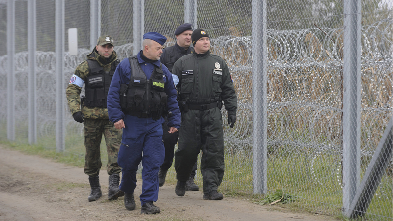 Egy lengyel határőr, egy magyar, egy cseh és egy szlovákiai rendőr a magyar-szerb határon, Röszke térségében. MTI fotó: Kelemen Zoltán Gergely