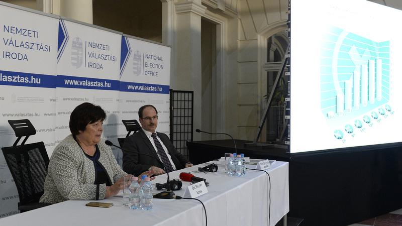 Pálffy Ilona, a Nemzeti Választási Iroda (NVI) elnöke és Patyi András, a Nemzeti Választási Bizottság (NVB) elnöke az NVI budapesti székházában tartott sajtótájékoztatón az országgyűlési képviselő-választás napján, 2018. április 8-án. fotó: MTI/Soós Lajos