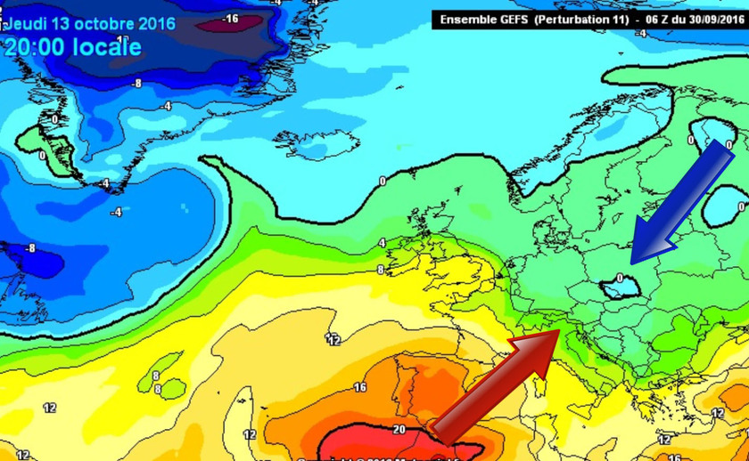 3. ábra: Európa északi területei felett már meglehetősen hideg légtömeg helyezkedik el, ugyanakkor messze délen, délnyugaton még tartja magát a meleg. A Kárpát-medence a két légtömeg határán, de a hónap első dekádjában inkább a hideg zónában helyezkedik majd el