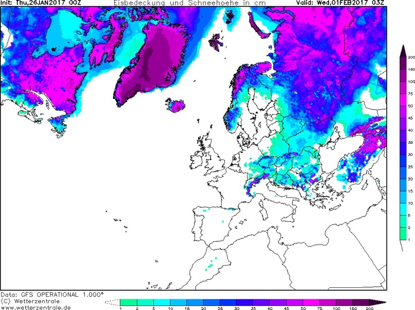 6. Ábra: a jelenlegi hóvastagság Európában. ( GFS modell ) Oroszország európai területein, valamint Szibériában kiterjedt, vastag hótakaró alakult ki. A vastag hófelszín felett igen hideg légtömeg helyezkedik el, amely márciusig akár többször is meglátogathatja majd hazánkat.