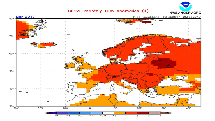 A CFS modell hőmérsékleti anomália előrejelzése márciusra.