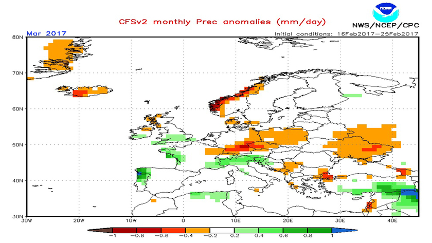 A CFS modell csapadék anomália előrejelzése márciusra.