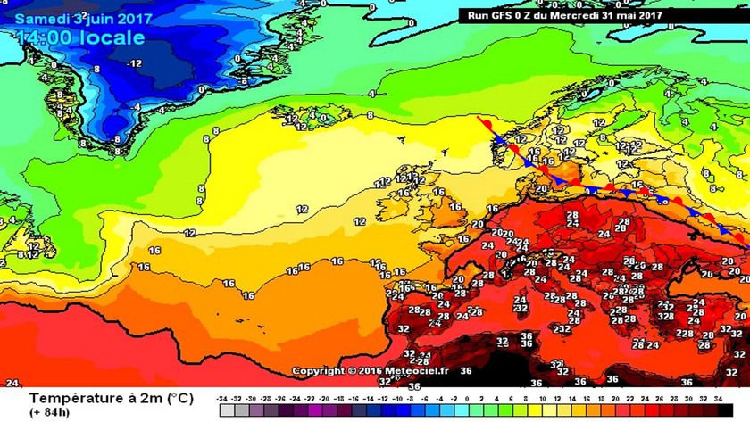 3. Ábra: a június 3-ra várható hőmérsékleti eloszlás Európában. A Kárpát-medence már többnyire a meleg zónához tartozik, ezzel szemben messze északon még tartja magát a meglehetősen hűvös idő. A hűvös és meleg légtömeg határa időnként a közelünkbe kerülhet majd, így időről-időre nálunk is változékonyabbra fordulhat az idő.