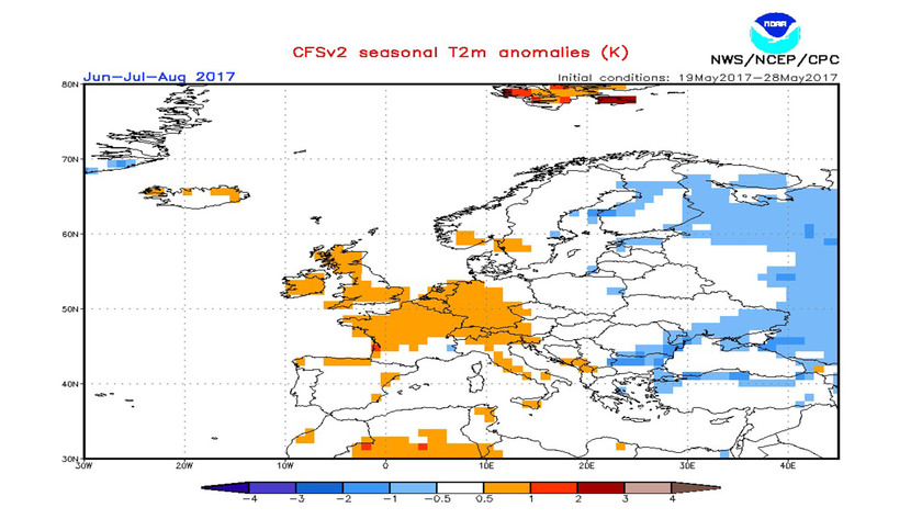 1. Ábra: a CFS modell hőmérsékleti anomália előrejelzése június-július- augusztusra.