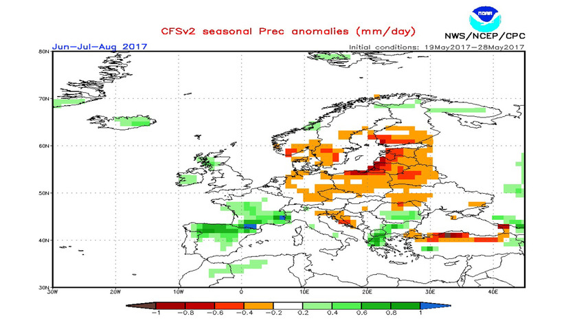 2. Ábra: a CFS modell csapadék anomália előrejelzése június-július-augusztusra.