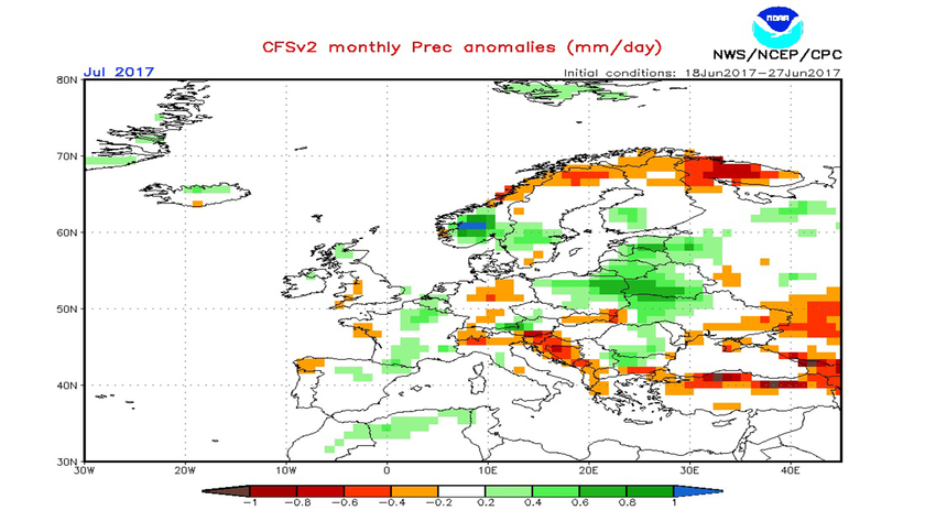 2. Ábra: a CFS modell csapadék anomália előrejelzése júliusra.