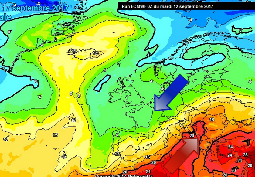 1. Ábra: egyre nagyobb hőmérsékleti kontraszt alakul ki Európa felett, ennek következtében hazánkban is egyre változékonyabbra, időnként csapadékosra fordul az idő. A hideg és meleg levegő határán mediterrán ciklonok is kialakulhatnak majd.