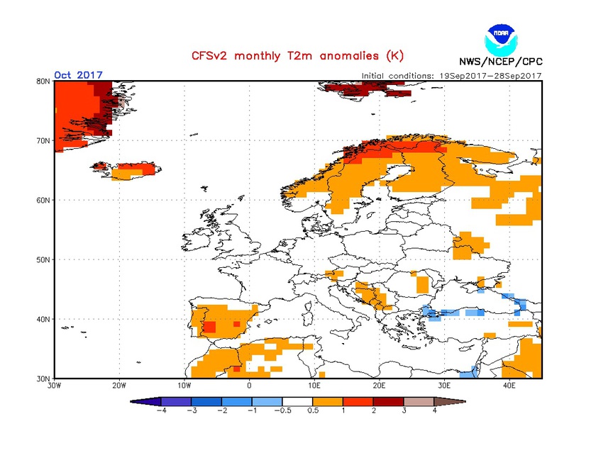1. Ábra: a CFS modell hőmérsékleti anomália előrejelzése októberre.