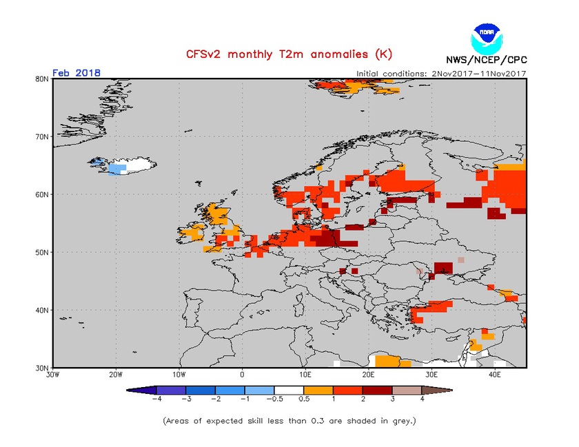 3. Ábra: a CFS modell hőmérsékleti anomália előrejelzése februárra.