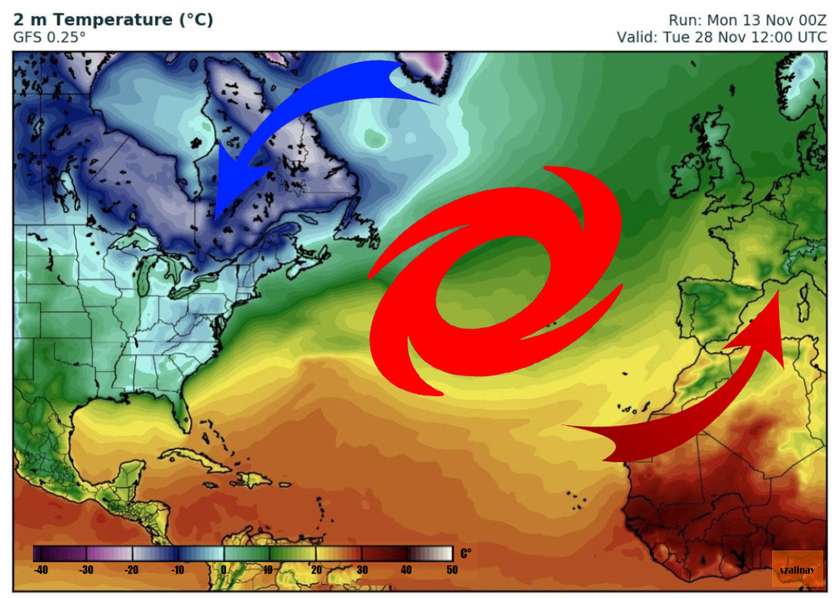 7. Ábra: Észak-Amerika felett jelentős hideg mag alakul ki, ami a későbbiekben hatással lehet Európa időjárására is. A nagy hőkontraszt miatt az Atlanti-óceán még meleg vize felett sorra alakulhatnak ki a ciklonok, viharciklonok. Ezen ciklonok előoldali áramlásában enyhébb léghullámok érik el térségünket.