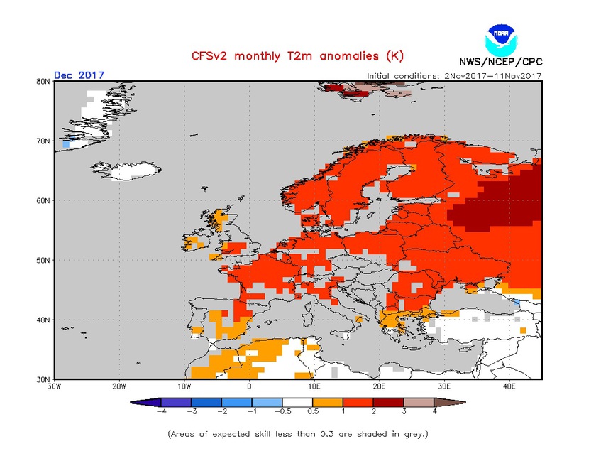 1. Ábra: a CFS modell hőmérsékleti anomália előrejelzése decemberre.