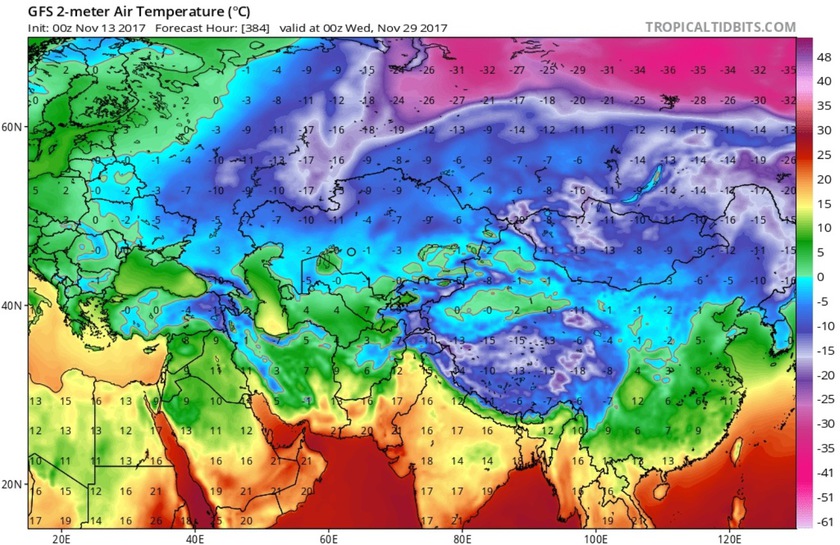 5. Ábra: a következő időszakban a szibériai területeken is megkezdődik az erős hideg felhalmozódás.