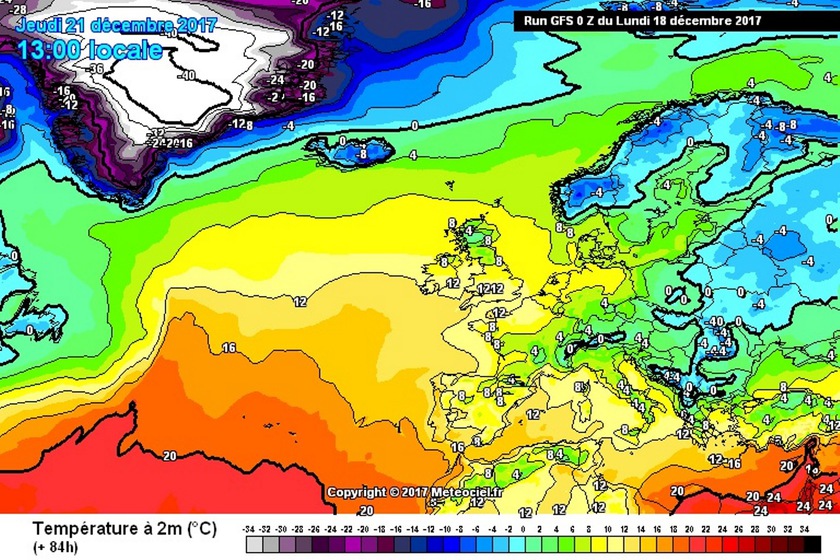 1. Ábra: december 21-re várható nappali hőmérsékletek Európában.