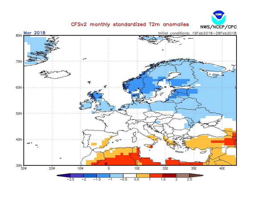1. Ábra: a CFS modell hőmérsékleti anomália előrejelzése márciusra.