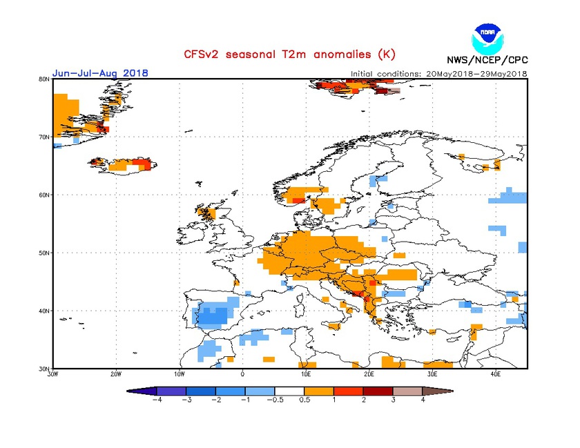1. Ábra: a CFS modell hőmérsékleti anomália előrejelzése június, július, augusztusra.