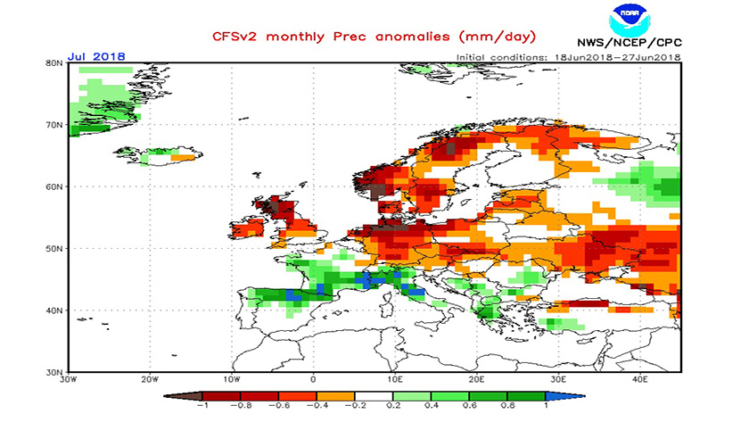 A CFS modell csapadék anomália előrejelzése júliusra.