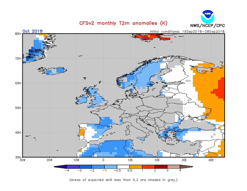1. Ábra: a CFS modell hőmérsékleti anomália előrejelzése októberre.