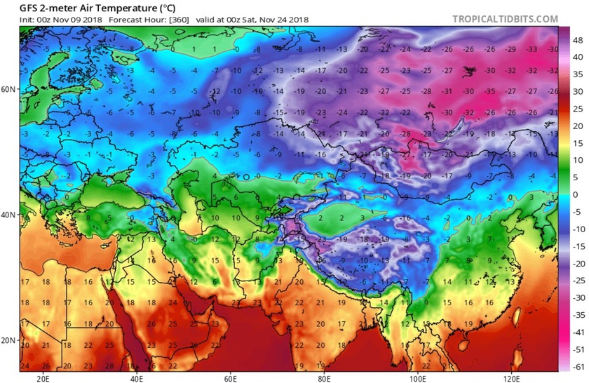7. Ábra: november utolsó dekádjára már tekintélyes mennyiségű hideg levegő halmozódik fel Szibéria, illetve Oroszország európai területei felett. A nagy tömegű, egyre hidegebb levegő 