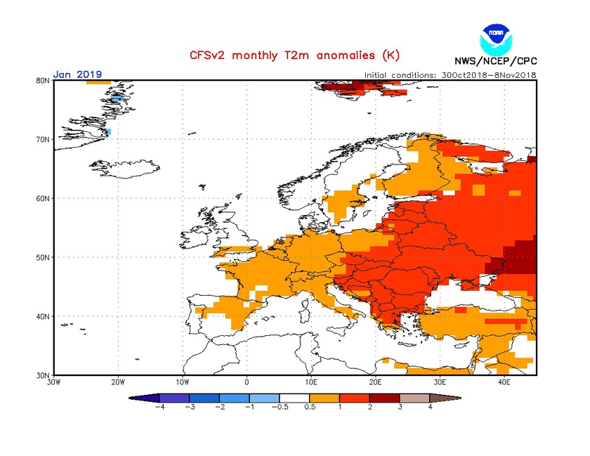 2. Ábra: a CFS modell hőmérsékleti anomália előrejelzése januárra.