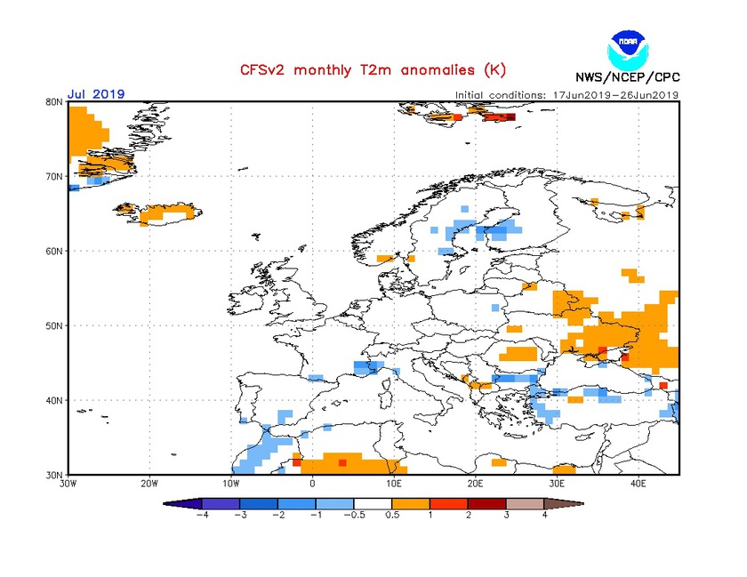 1. Ábra: a CFS modell hőmérsékleti anomália előrejelzése júliusra.