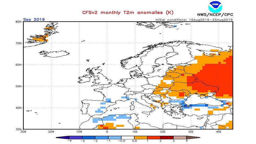 1. Ábra: a CFS modell hőmérsékleti anomália előrejelzése szeptemberre.