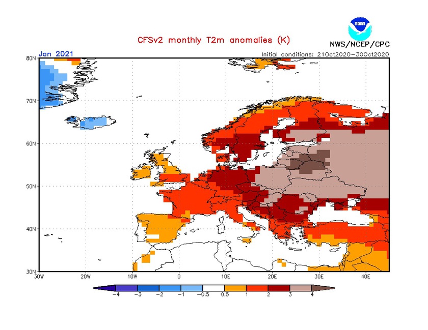 3. Ábra: a CFS modell hőmérsékleti anomália előrejelzése januárra.