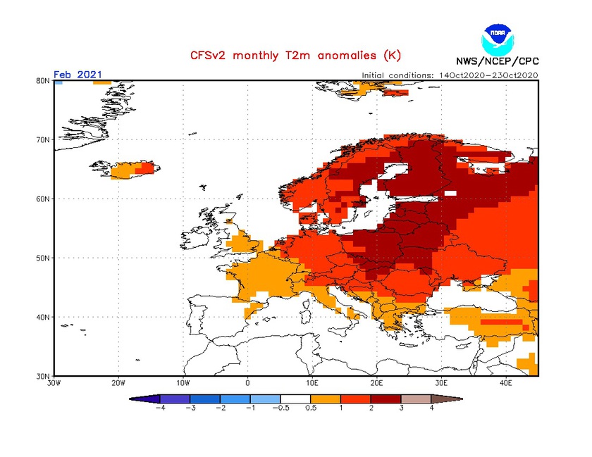 4. Ábra: a CFS modell hőmérsékleti anomália előrejelzése februárra.