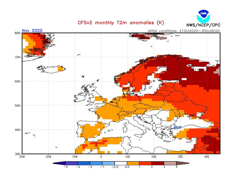 1. Ábra: A CFS modell hőmérsékleti anomália előrejelzése novemberre.