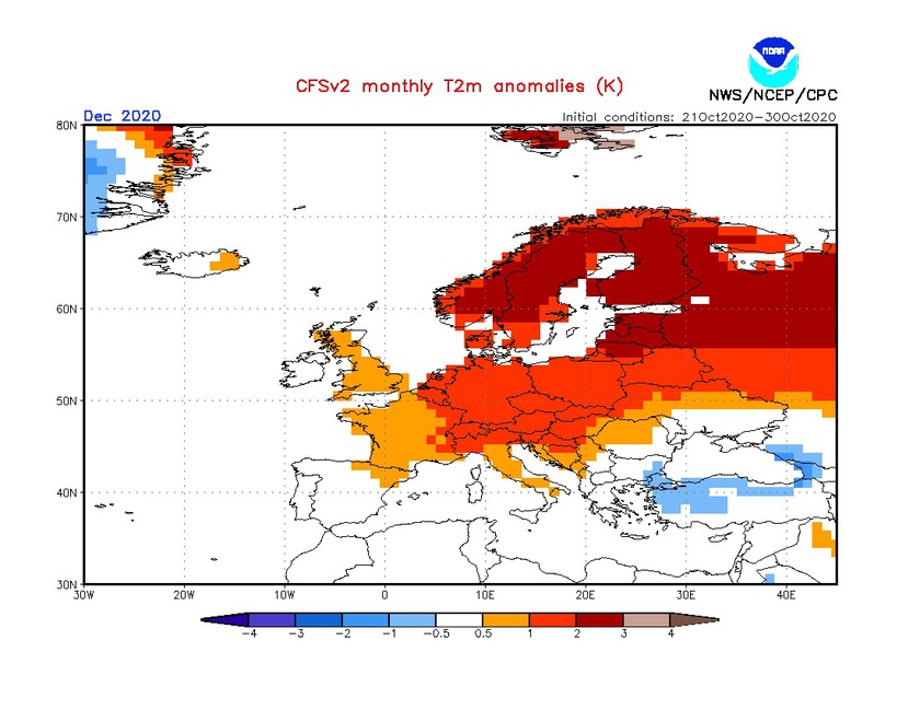 2. Ábra: a CFS modell hőmérsékleti anomália előrejelzése decemberre.