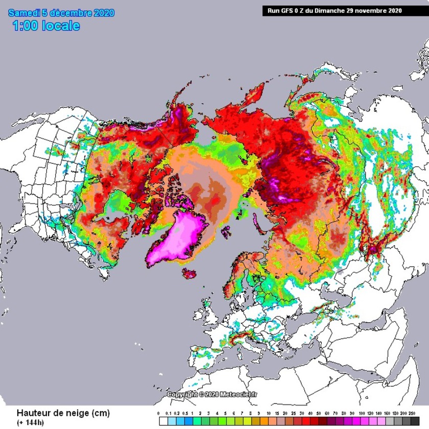 4. Ábra: hóvastagság előrejelzés december 5-re. A következő időszakban Szibéria felett tekintélyes vastagságú hótakaró halmozódik fel.